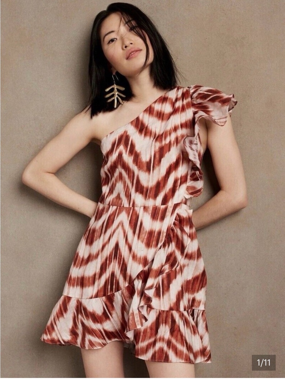 Banana Republic One-Shoulder Ruffled Tie-Dye Dress in Rust and Cream